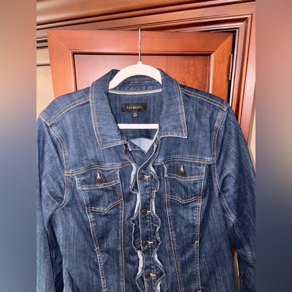 Talbots Sz XL Dark Blue Denim Jacket with Ruffle Accent - Picture 3 of 5